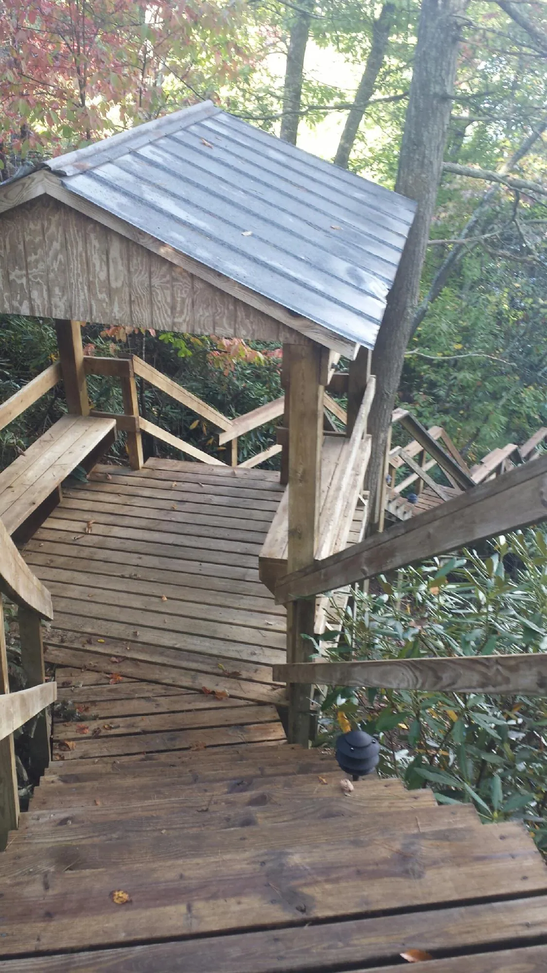 Metal roofed shelter over wooden steps on a wooded walkway — Skylight Repair & Installation work by our crew in Alcoa